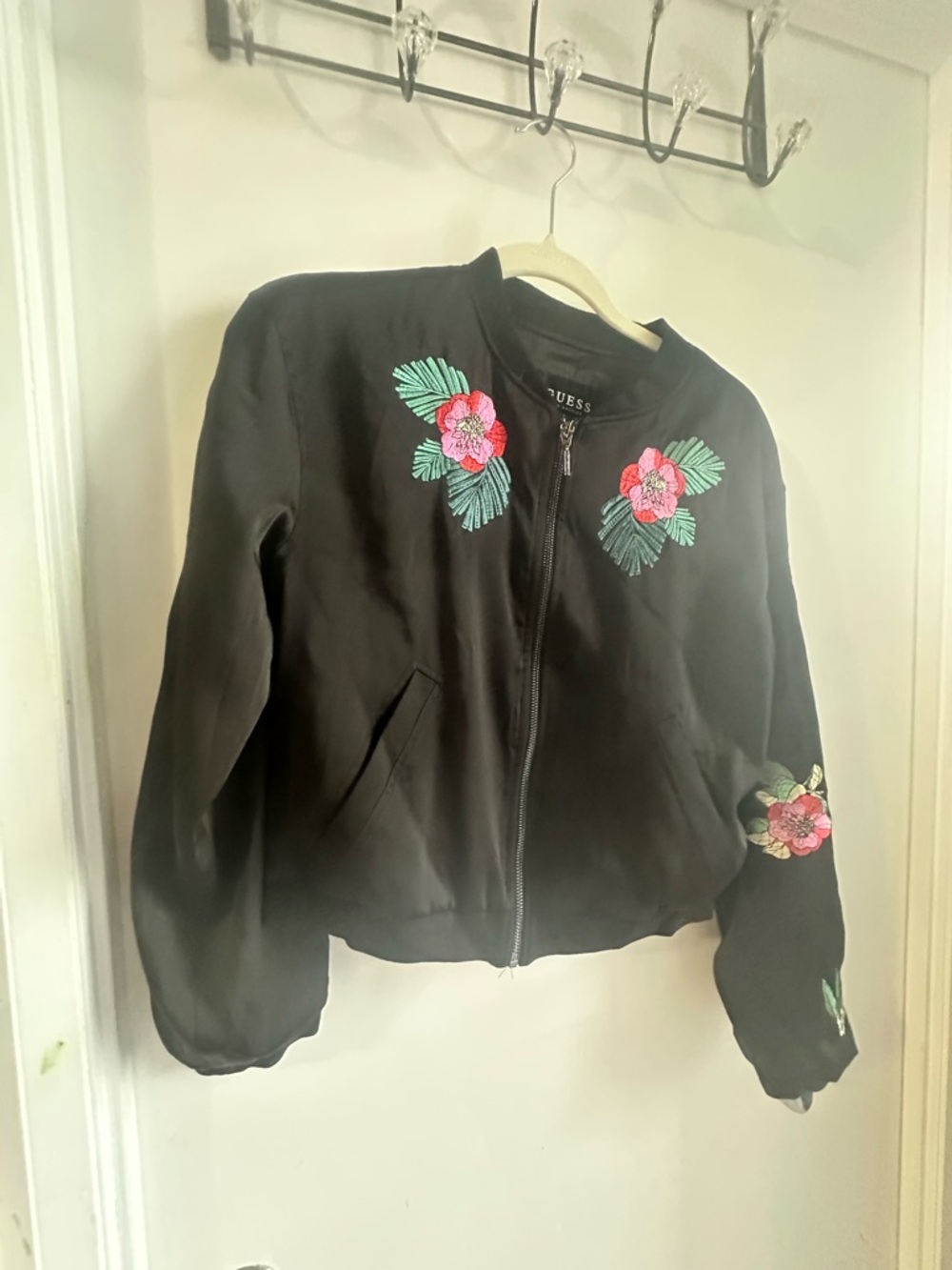 Guess Black Bomber Jacket with Pink & Green Floral Embroidery